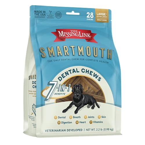 The Missing Link Smartmouth Dental Chew Reduces Plaque and Tartar + Supports Hips, Joints, Skin, Coat and Overall Health - Large/Extra Large Dog 28 Count