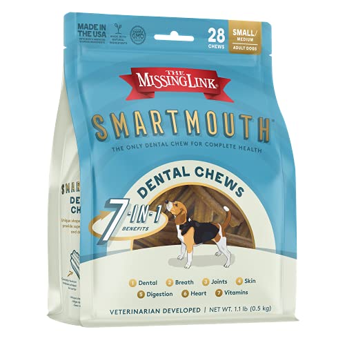 The Missing Link Smartmouth Dental Chew Reduces Plaque and Tartar + Supports Hips, Joints, Skin, Coat and Overall Health - Small/Medium Dog 28 Count