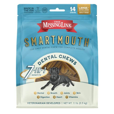 The Missing Link Smartmouth Dental Chew Reduces Plaque and Tartar + Supports Hips, Joints, Skin, Coat and Overall Health – Large/Extra Large Dog 14 Count